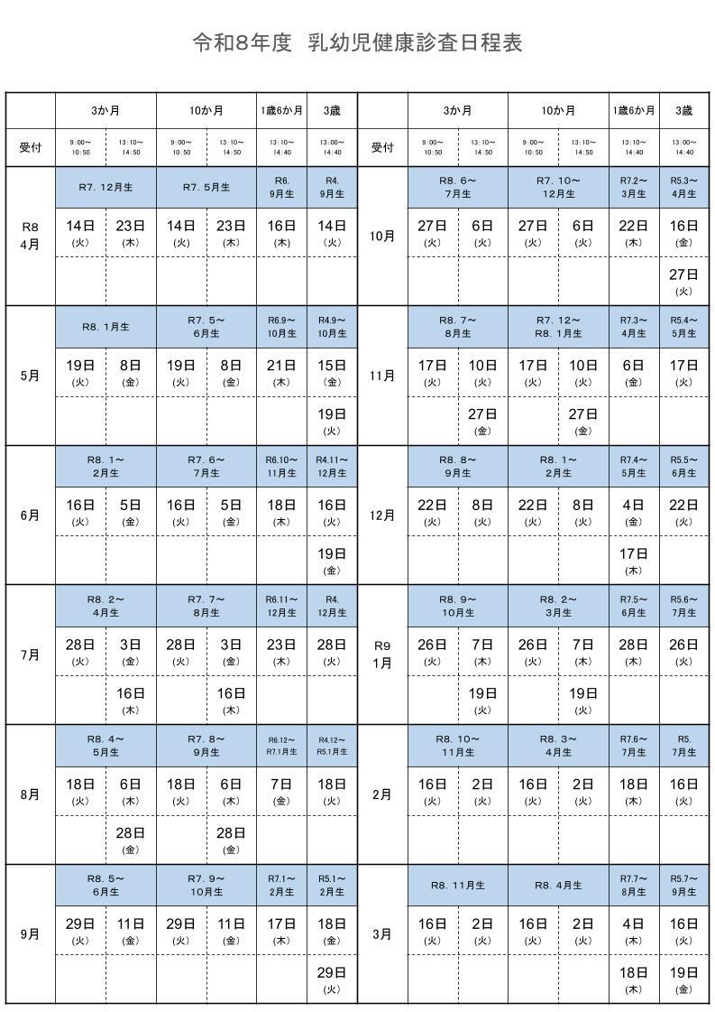 令和8年乳幼児健康診査日程