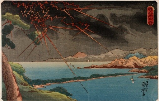 雨の天橋立の空に龍が雷を鳴らしている浮世絵
